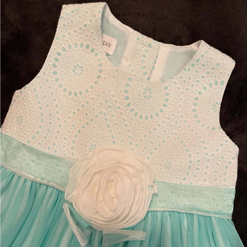 Bonnie Jean Turquoise tulle & White lace overlay sleeveless dress w/rosette-Sz2T